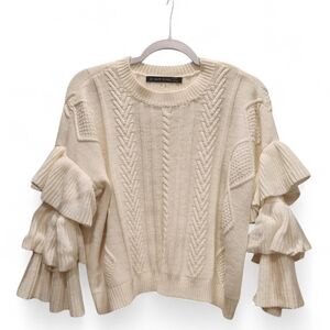 Haute Rogue Cream Knit Sweater with Ruffle Sleeves